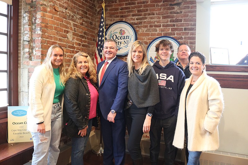 Terry Crowley poses for a group shot with his wife, Jennifer, son, Ian, and campaign supporters, from left, Kelsey Bowman, her mother, Jennifer Bowman, and Joe and Maureen Schneider. Jennifer Bowman is serving as campaign manager.