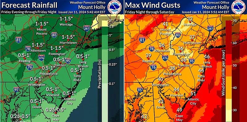 A National Weather Service graphic shows the wind gusts and amount of rainfall expected during the storm.