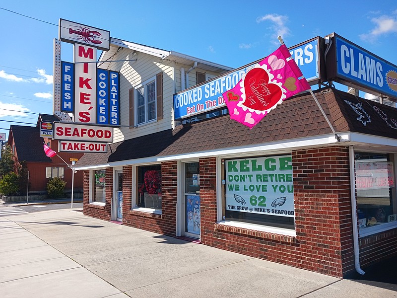 The sign displayed in the front window at Mike's Seafood expresses Sea Isle City's love for Jason Kelce.