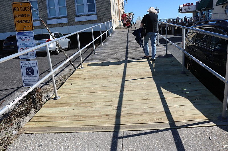 The ramp up to Ninth Street Boardwalk clearly has new boards. 