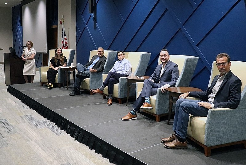 From left, LIGHT Faculty Director Jane Bokunewicz, Shorecast moderator Bre Young, and panelists Mark Callazzo, Oliver Cooke, Daniel Gallagher and Gary Musich. (Photo courtesy of Stockton University)