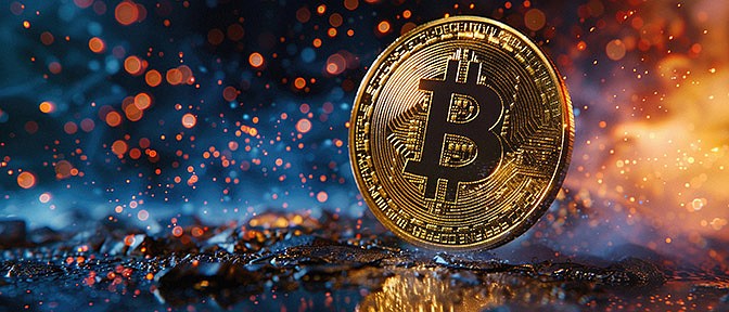 Bitcoin crypto currency gold coins logo as digital cryptocurrency symbol stock financial exchange business market trade. Btc blockchain future payments, investment technology background.