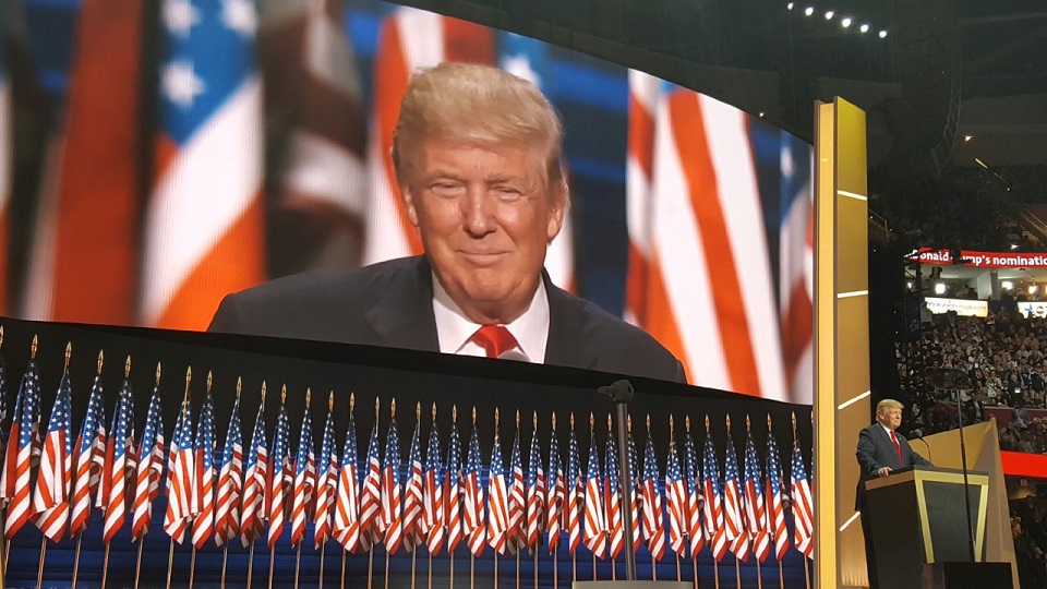 Donald J. Trump as he speaks to the convention crowd in Cleveland, OH.