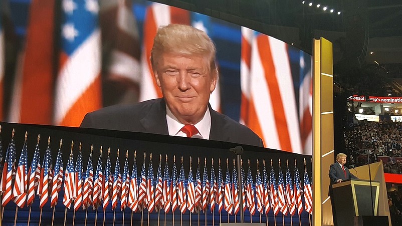 Donald J. Trump as he spoke to the convention crowd in Cleveland, OH. Photo credit: Tom Rotondi