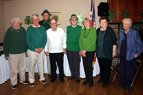 Chapter 710 Board:  Throughout the year, the members of AARP Chapter 710 enjoy celebrating holidays and other special occasions – yet they never fail to show their generosity to others.  Shown during their 2017 Saint Patrick’s Luncheon at the Tuckahoe Inn are Chapter 710 board members (from left) Secretary Edna Tarantola, Vice-President Bill Keller, President Frank Roach, Treasurer Joe Robinson, Community Services Sub-Committee Co-Chairs Bob and Joan Thibault, Travel Organizer Joy Sumski, and Luncheon Organizer Grace Felix.