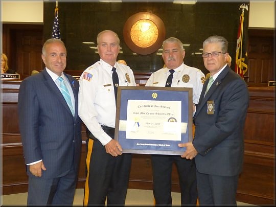 Earlier this year, the State Association of Chief's of Police (N.J.S.A.C.O.P.) Accreditation Manager Harry Delgado personally presented Sheriff Gary Schaffer and Under Sheriff Bob Nolan with the award of Re-accreditation and explained that Cape May County Sheriff's Office is considered in the top 8% of Law Enforcement Agencies in NJ.  Freeholder and Mayor of Sea Isle City, Len Desiderio congratulated them for their excellent work.