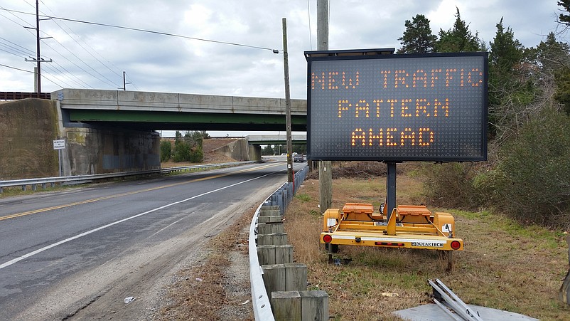 A big sign approaching Sea Isle Boulevard alerts motorists to the new traffic pattern.