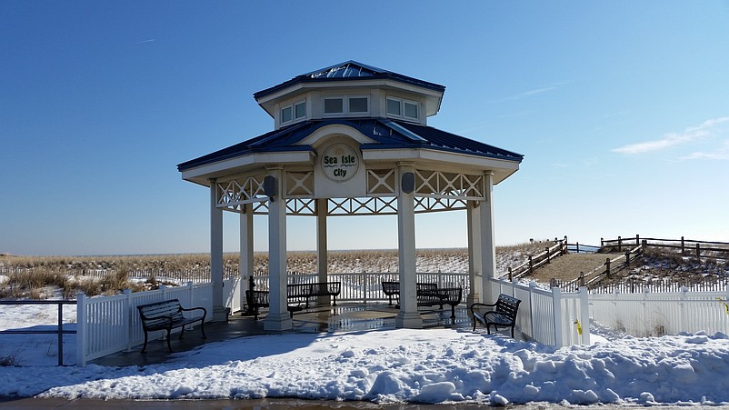 Snow left over from the Jan. 4 blizzard is piled up in front of the gazebo overlooking Sea Isle's oceanfront Promenade.