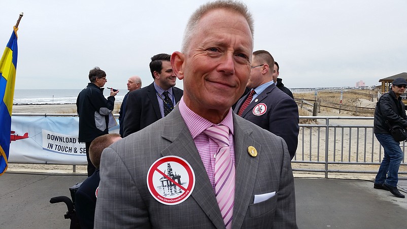 State Sen. Jeff Van Drew, D-Cape May, Cumberland, Atlantic, wears one of the patches symbolizing opposition to offshore drilling.