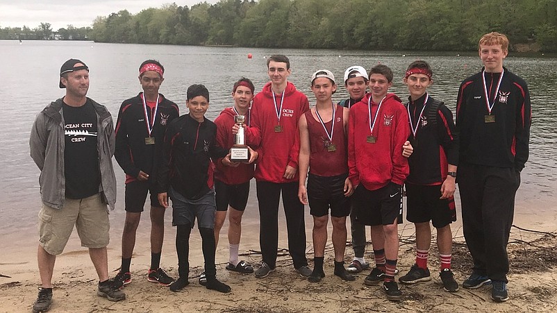 Boys Novice 8+ captured the gold (left to right); Coach Kevin Wallace, bow Dhruv Patel, coxswain Justin Forman, stroke Micheal Dickinson, Matthew Oves, Gavin Bower, Christopher Horan, Bryce Jefferson, Flynn DeVlieger, Dylan Kampf
