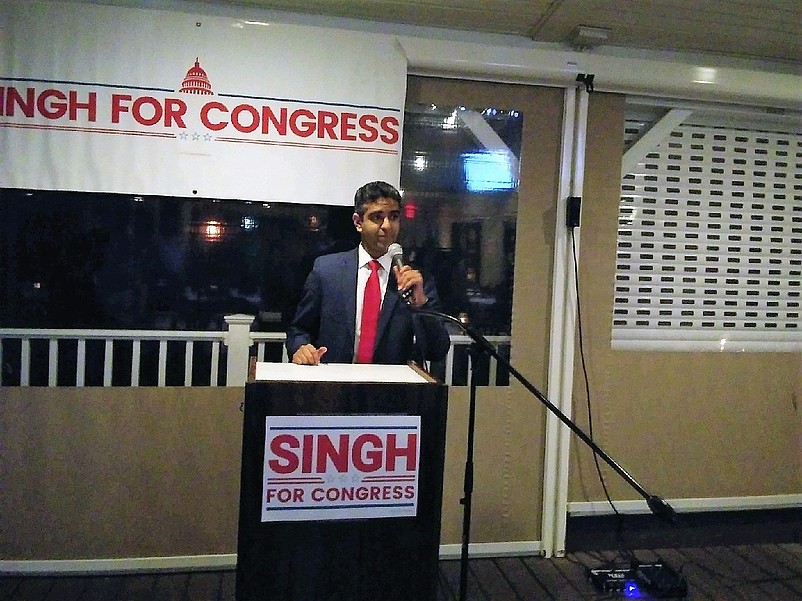 Republican candidate Hirsh Singh addresses supporters while he concedes to Seth Grossman.