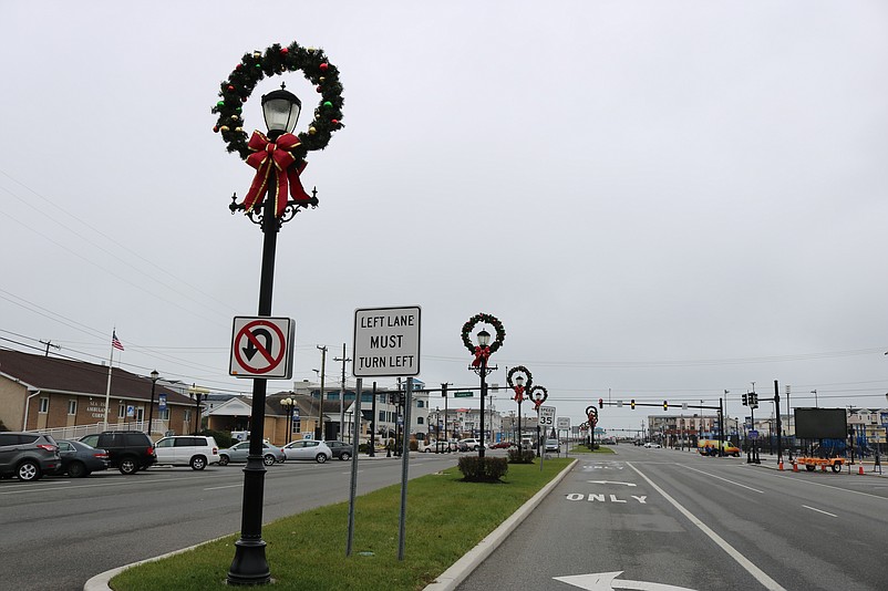 Wreaths decorate the Victorian-style lamp posts lining the JFK Boulevard entryway into town.