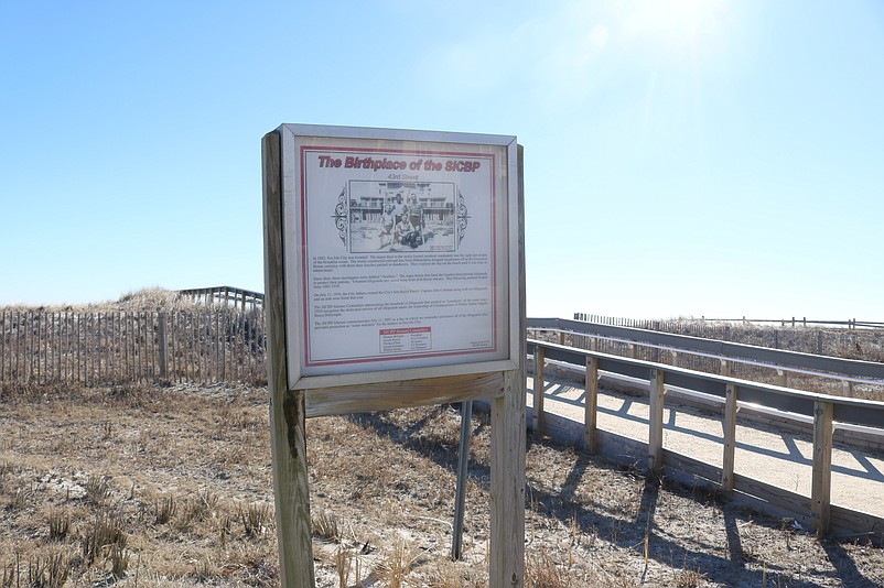 This sign at 43rd Street marks the "birthplace" of the Sea Isle City Beach Patrol.