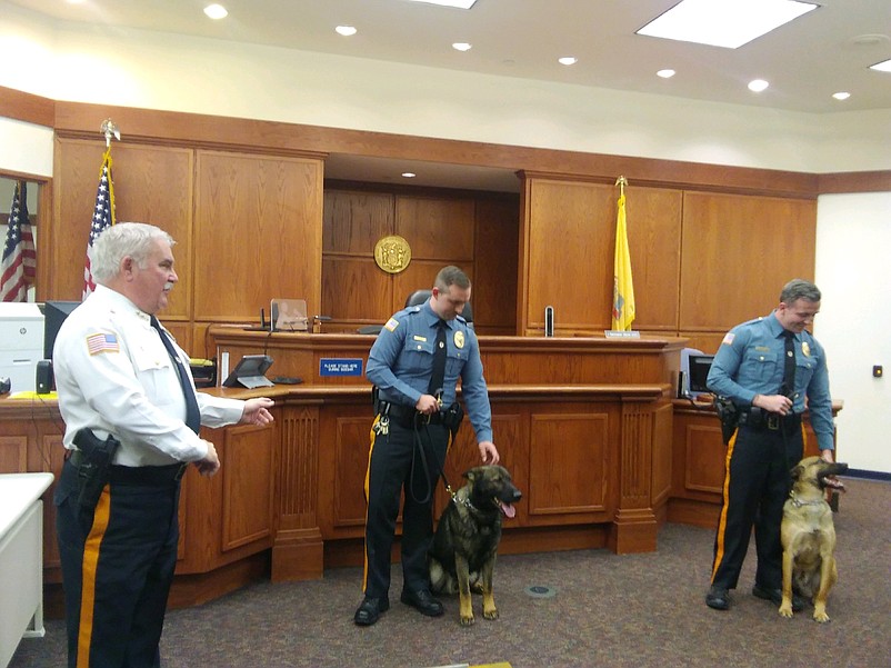 Sheriff Bob Nolan introduces Officer Connor Hughes with K9 Ares and Officer Dustin Phillips with K9 Frankie.