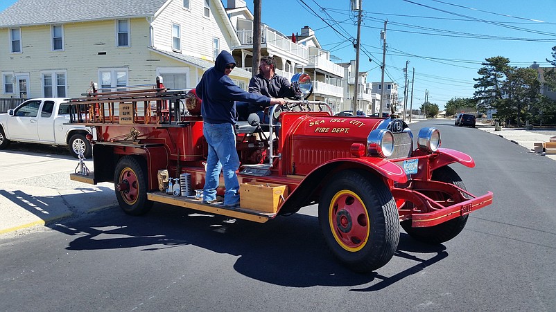 The antique truck is backed up inside the Townsends Inlet fire station, where it is stored.