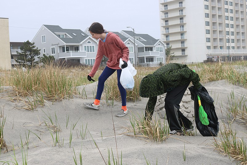 Brother and sister Kyle and Hope Knoebel, whose family has a summer home in Sea Isle, search for litter in the dunes during the April cleanup.