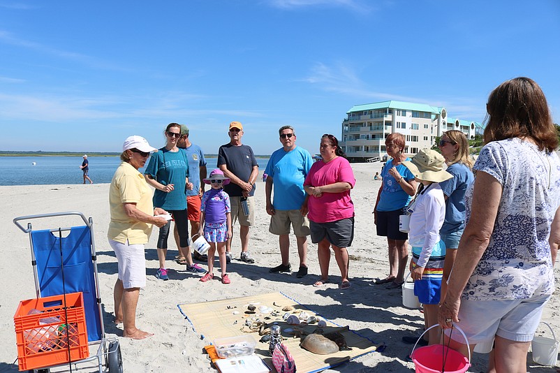 Tour guide Margie Quinlan explains some of the marine life laid out on the blanket during a beachcombing excursion in 2019.