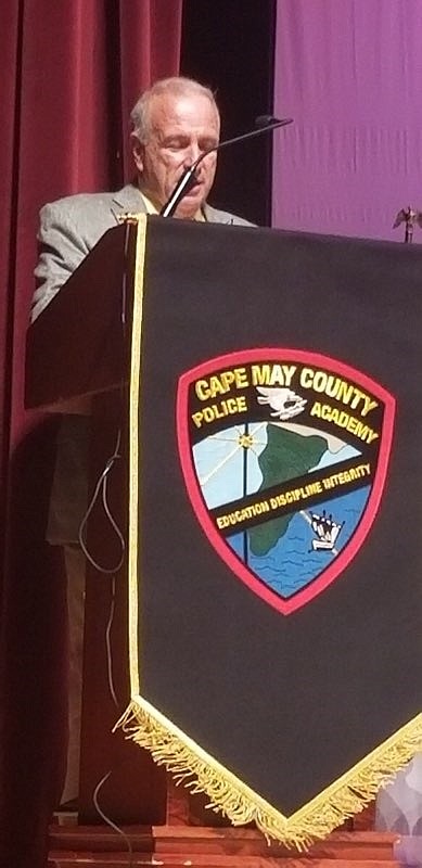 Cape May County Freeholder and Sea Isle City Mayor Leonard Desiderio speaks to the 46th graduating class of the Cape May County Police Academy.