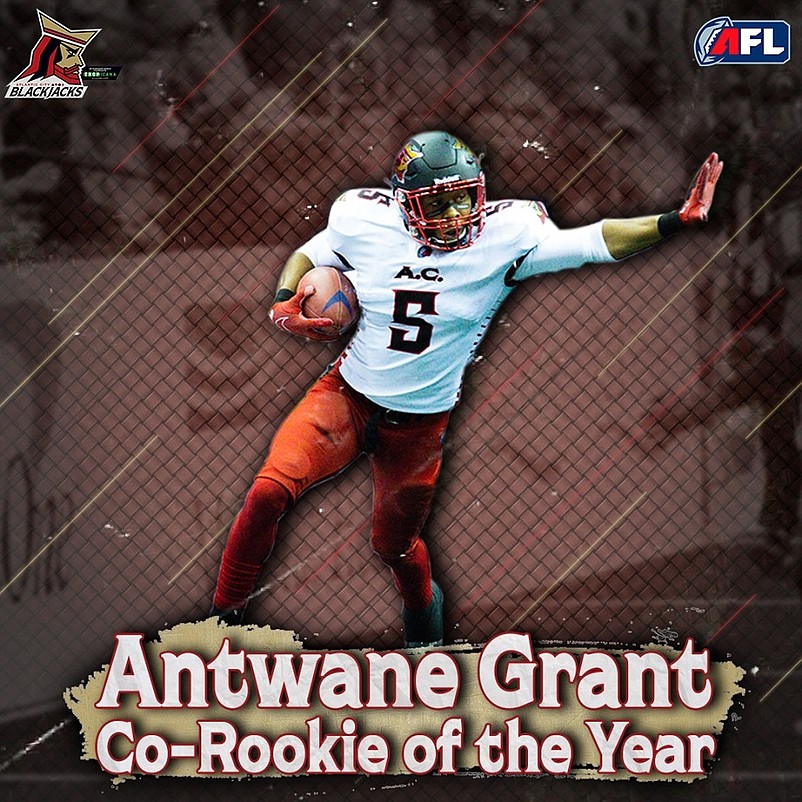 Atlantic City Blackjacks wide receiver Antwane Grant finishes the season with 15 touchdowns en route to Co-Rookie of the Year honors.