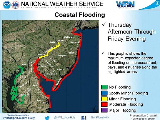 National Weather Service map shows levels of flooding expected along the coast.