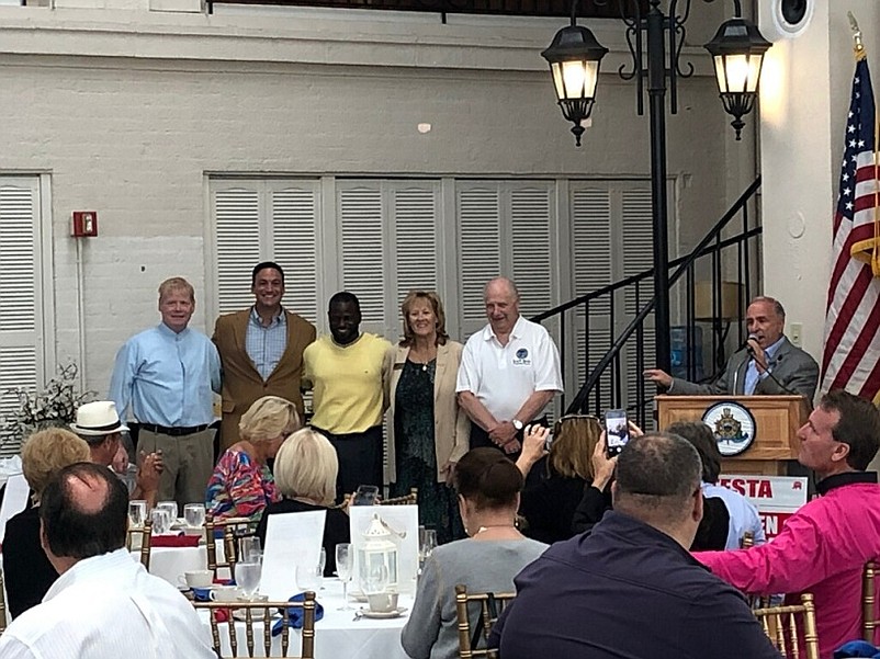 Sea Isle City Mayor Leonard Desiderio gives a boost to Republican legislative candidates Erik Simonsen, Michael Testa, Antwan McClellan and Freeholders E. Marie Hayes and Gerald Thornton.