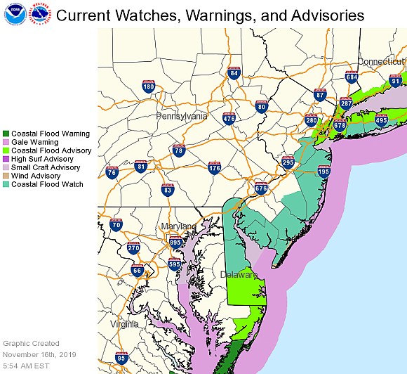 National Weather Service graphic shows areas of flooding and high winds.