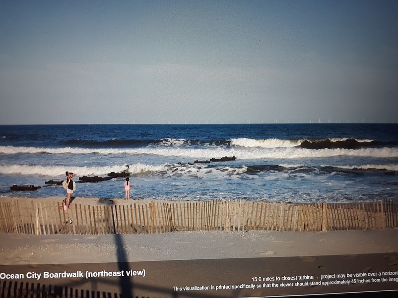 This picture depicts the view of the proposed wind farm on the horizon, 15 miles offshore. The white turbine blades are barely visible in the distance. (Rendering from Orsted)