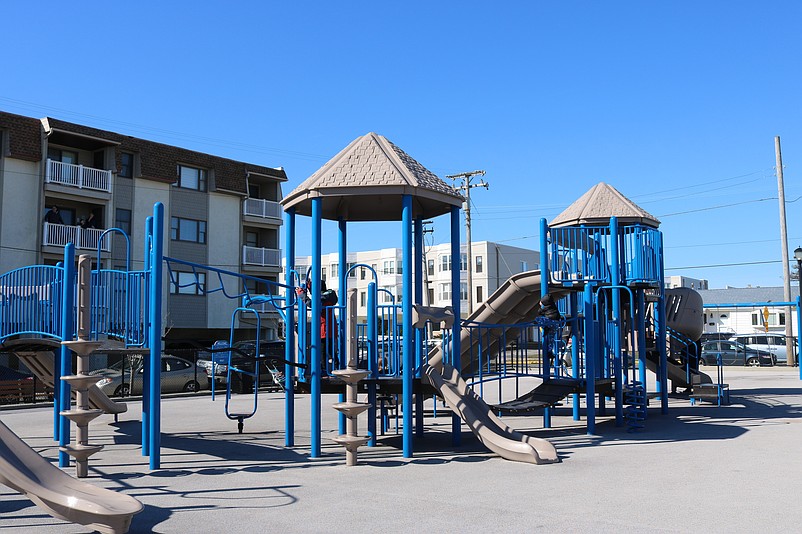 A spongy surface that provides a safe cushion was added to the playground on JFK Boulevard in 2020.