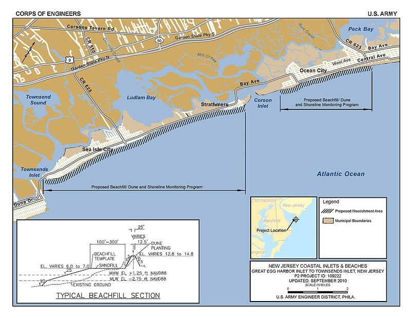 A map shows the extent of the beach replenishment project involving the towns of Sea Isle City, Strathmere and Ocean City.