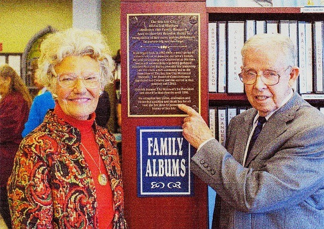 Former Sea Isle City Historical Museum Presidents Harriet Reardon Bailey and Mike Stafford celebrate the 2014 dedication of the Family Research Area in honor of Harriet.