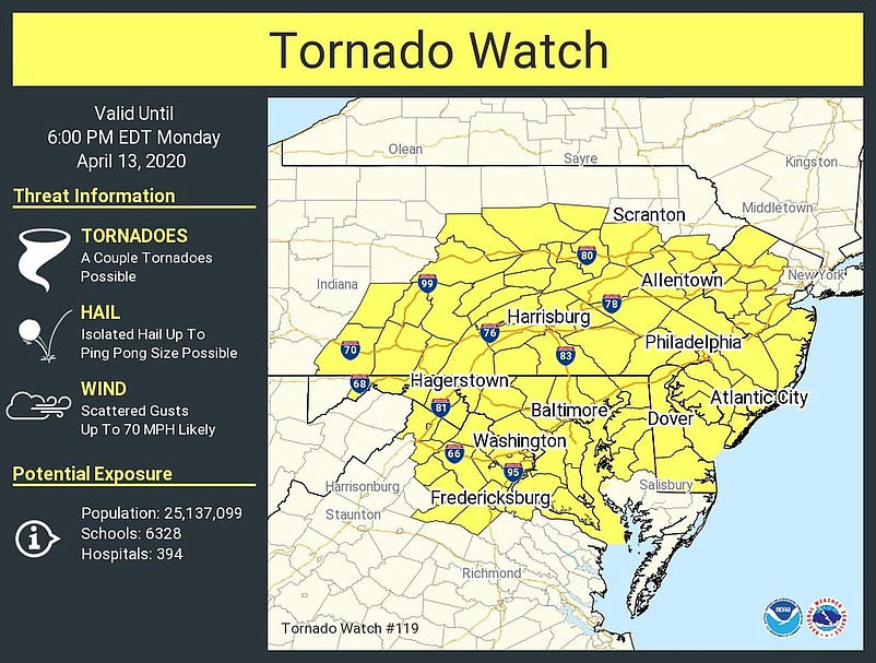 The storm included a tornado watch issued by the National Weather Service.