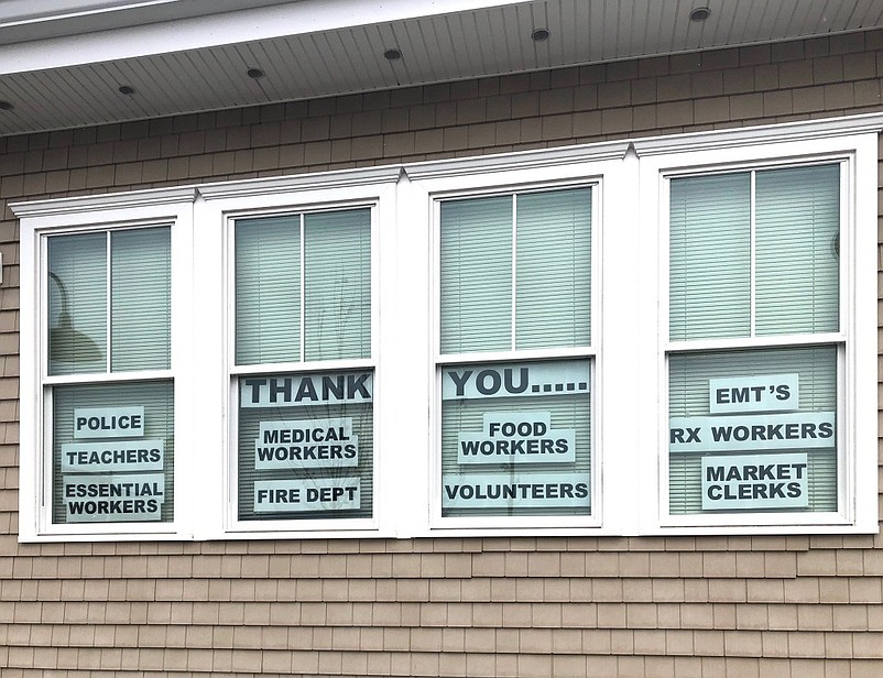 Sea Isle City shows its thanks to essential workers with these signs in the windows of the Welcome Center. (Photo courtesy Sea Isle City Public Information Officer Katherine Custer)