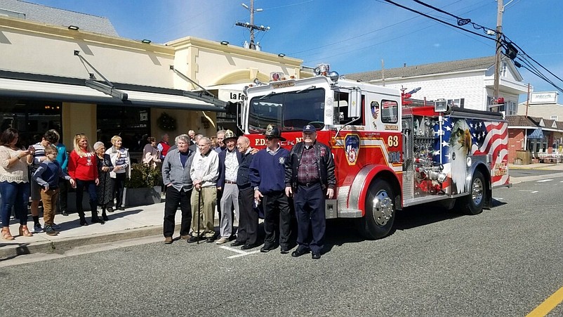 The fire truck is parked outside La Fontana Coast restaurant on Landis Avenue during Lou Minchelli's 90th birthday celebration. (Photo courtesy of Frank Roach)