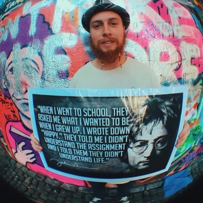 Matt DiNote displays a  quote from John Lennon that reflects his free-spirited personality.