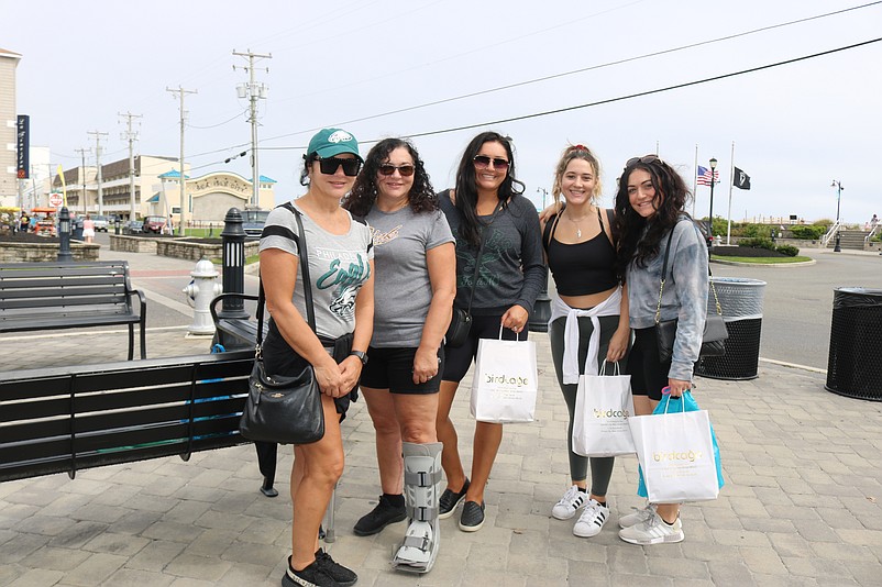 From left, Roberta Zollo, her twin sister, Adelina Harris, Jackie Kowalski, Ashley Harris and Dolores Zollo, all of Pennsylvania, enjoy a weekend getaway at the shore.