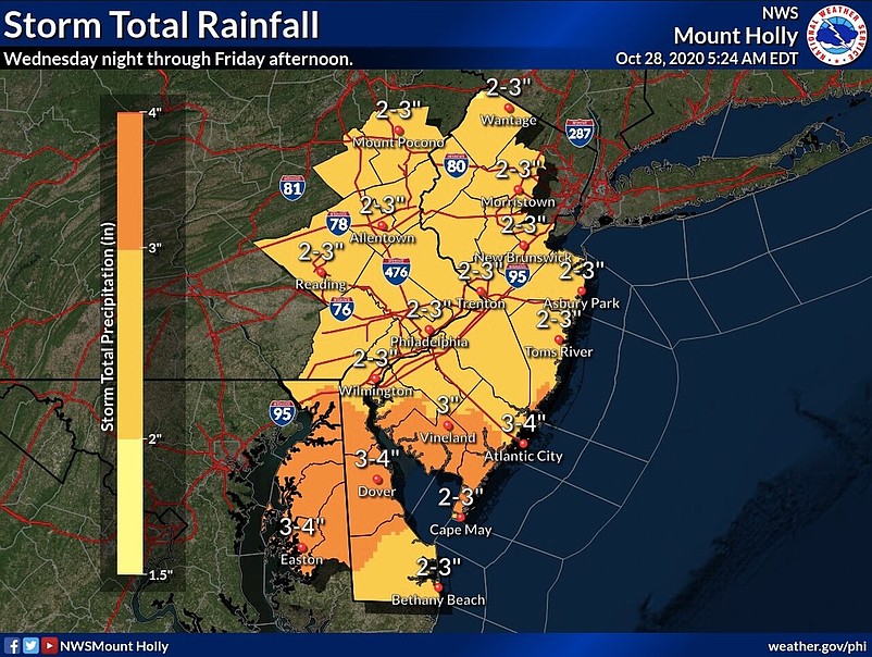 The National Weather Service is warning of between 2 to 4 inches of rain for South Jersey. (Courtesy of National Weather Service)