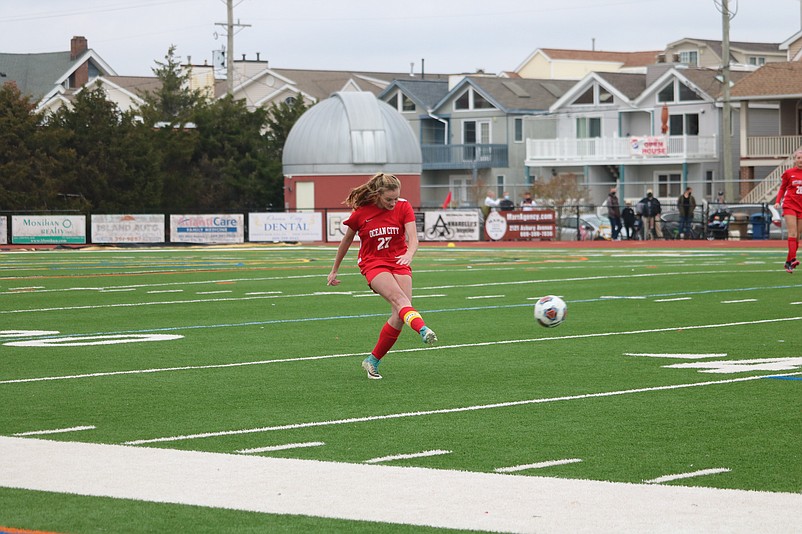 Suzy Dietrich boots the ball away from Ocean City's defensive end.