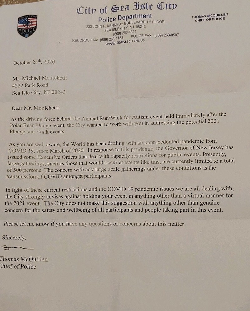 A copy of Sea Isle Police Chief Tom McQuillen's letter to Mike Monichetti expressing concerns about having large-scale gatherings during the pandemic.