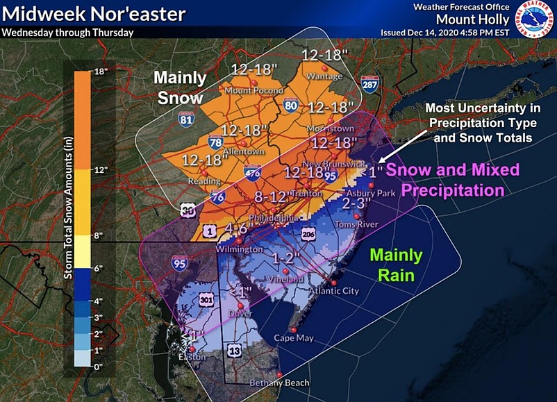 The National Weather Service graphic shows how much snow is expected in different parts of New Jersey during Wednesday's storm.