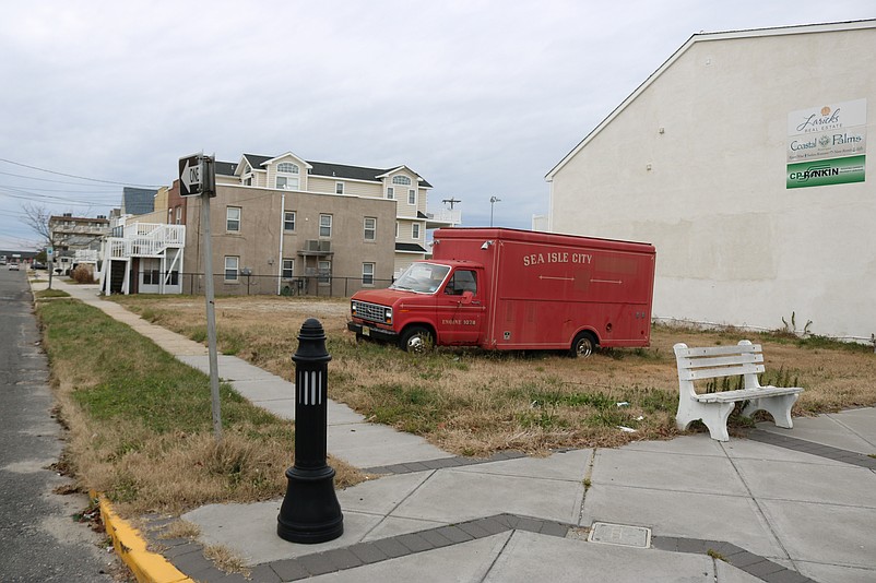 In a photo from 2021, the old red truck sits on its exclusive parking spot at the corner of Landis Avenue and 42nd Street.