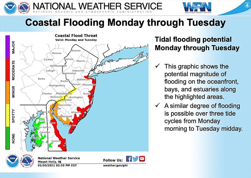 The National Weather Service is forecasting moderate tidal flooding along the shore.