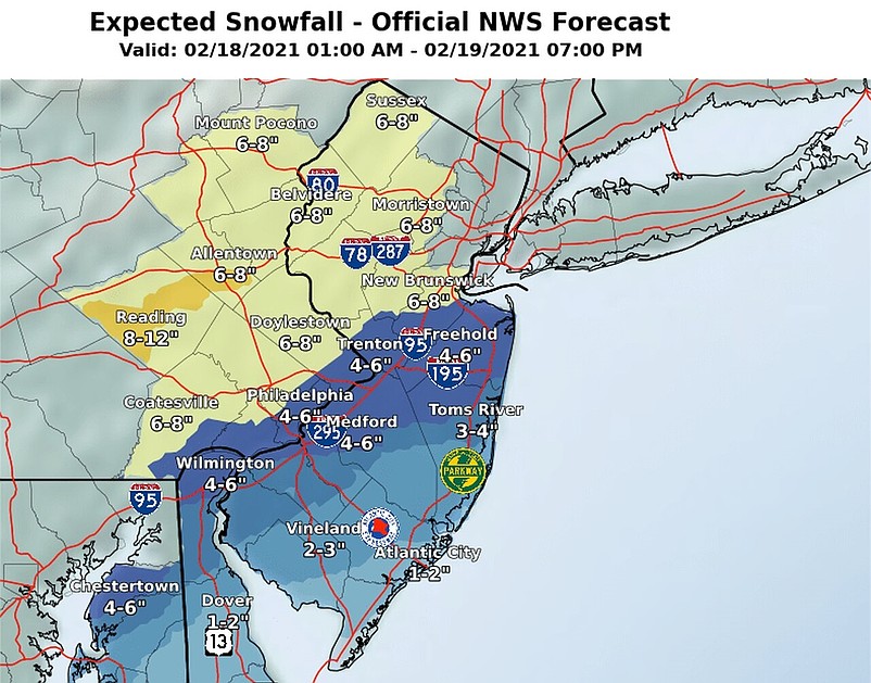 National Weather Service snowfall map for New Jersey.