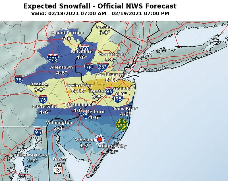 National Weather Service snowfall map for New Jersey through 7 p.m. Friday.