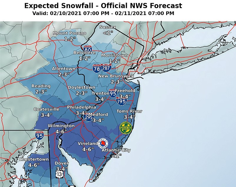 National Weather Service snowfall map for New Jersey.