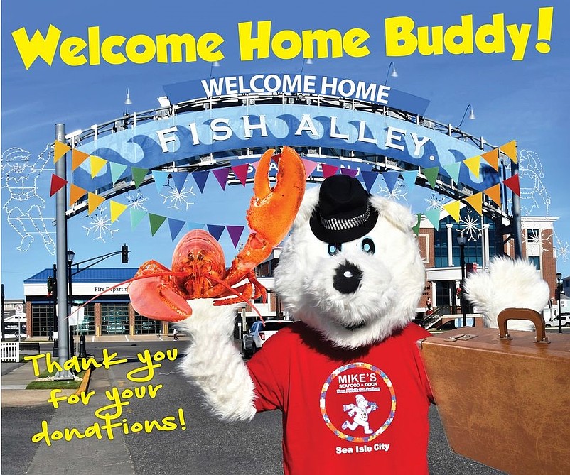 The bear mascot returns home to Sea Isle City after completing a simulated around-the-world trip during the 2021 virtual Mike's Seafood Run-Walk for Autism fundraiser. (Image courtesy of Mike's Seafood)