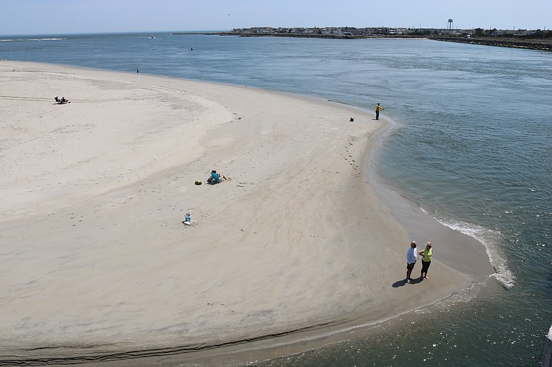 A view from the top of the bridge in late April shows the huge sandbar jutting out into the channel.