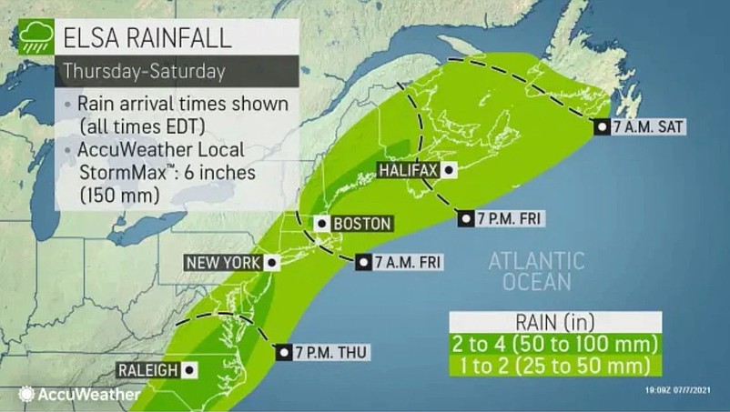 Rainfall amounts are expected to total from 2-4 inches, with up to 6 inches possible in some local areas. (Image courtesy of AccuWeather)