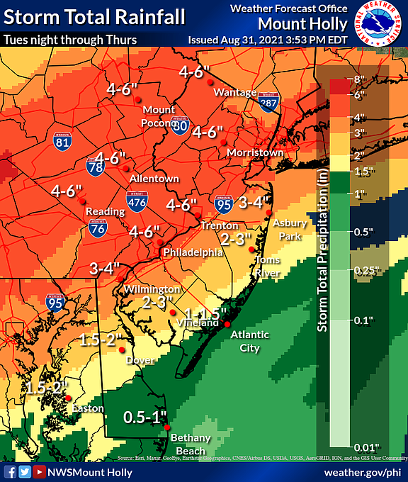 Rainfall totals expected from remnants of Hurricane Ida. (Courtesy of National Weather Service)