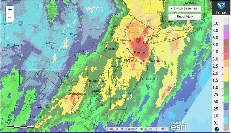 National Weather Service map shows rainfall totals across New Jersey.