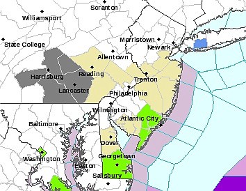 National Weather Service map denotes minor flooding (areas shaded in green) expected at the shore on Sunday.